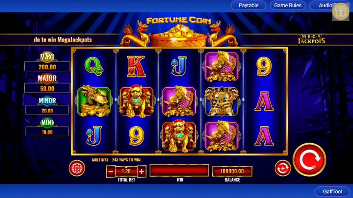 Tampilan visual slot Fortune Coin Mega Jackpot dengan nuansa emas dan simbol keberuntungan Asia