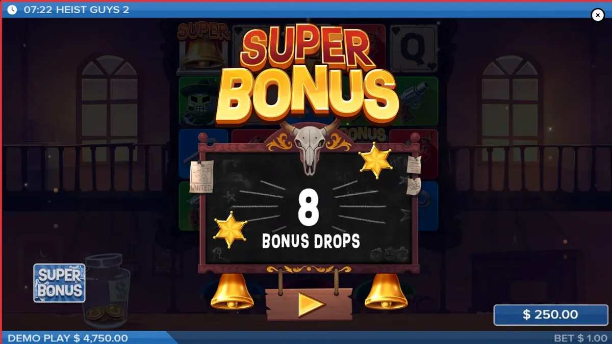 Tampilan visual slot Heist Guys 2 dengan tema koboi dan perampokan bank