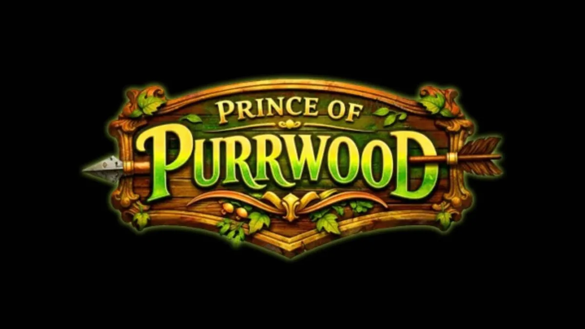 Karakter kucing utama dalam slot Prince of Purrwood dengan latar belakang hutan abad pertengahan.